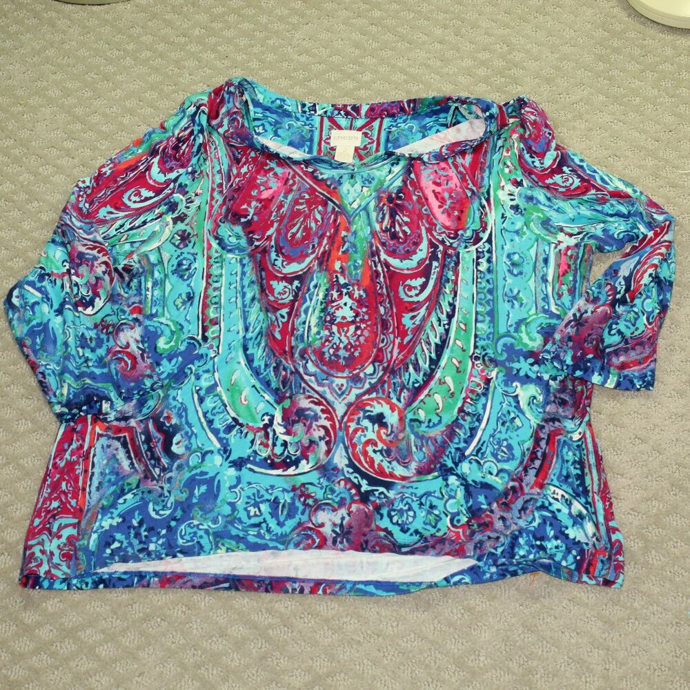 Chico’s Size 2 Large V-Neck Stretch Bright Blues Pinks  3/4 Sleeve Blouse Shirt